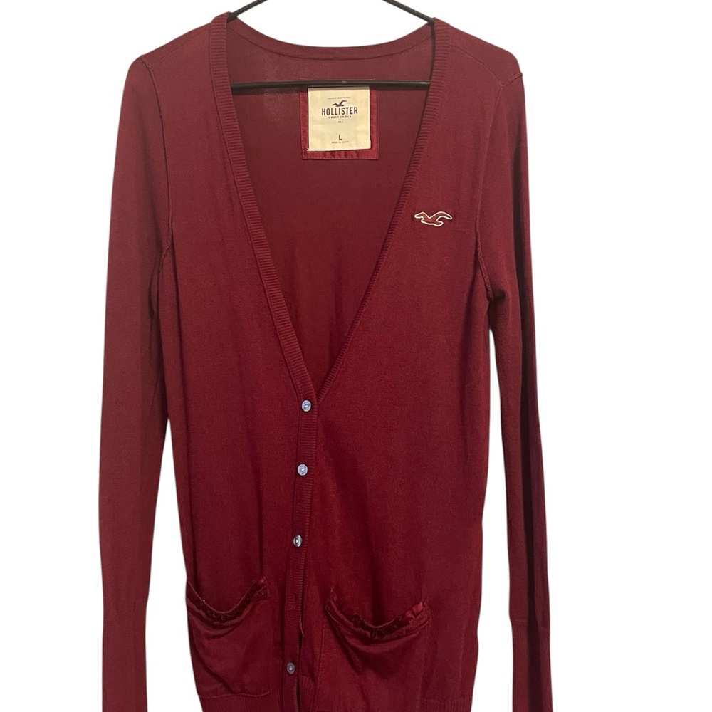 Y2K Hollister Women's Longline Button Burgundy Cardigan Logo Preppy FLAW